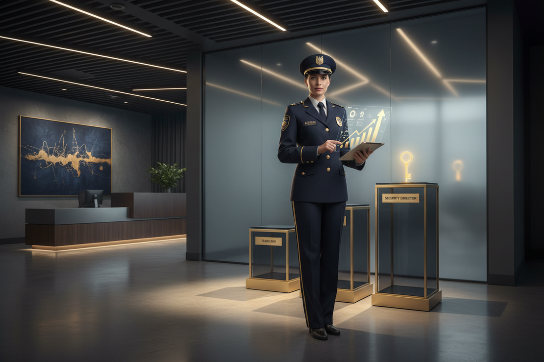 Professional security officer standing confidently in a modern office building lobby
