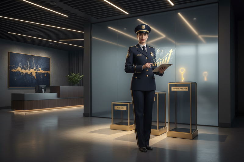 Professional security officer standing confidently in a modern office building lobby
