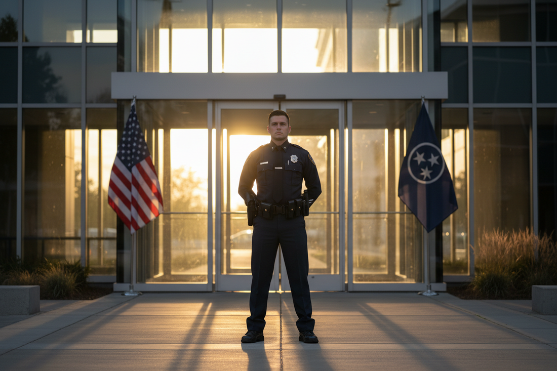 Professional security officer at a modern building entrance — Tennessee Security Officer License training by Bluewater Security Academy