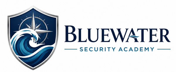 Bluewater Security Academy logo with a shield emblem and wave design.